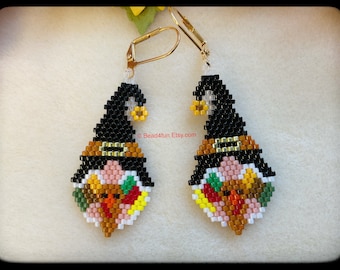 Gnome Thanksgiving Turkey Seed Bead Earrings - Brick Stitch Beadwork - Dangle Jewelry