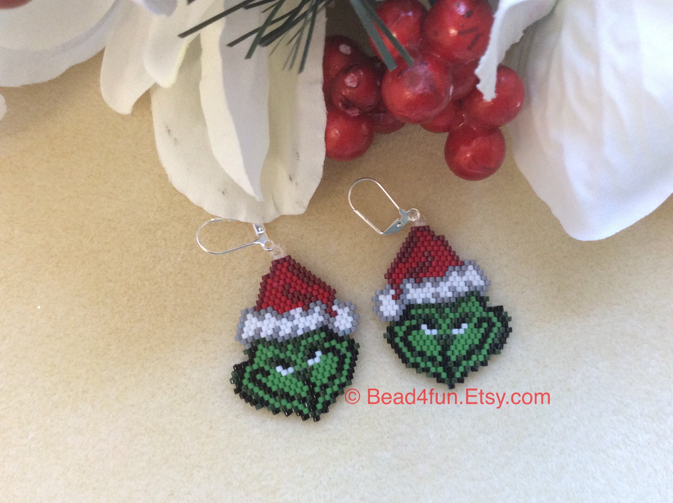 Seed Beaded Earrings Name Grinch Christmas Earrings Etsy