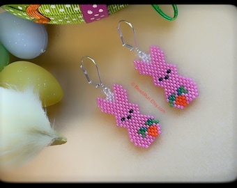 Pink Easter Bunny with Carrot Seed Bead Earrings - Easter Brick Stitch Beadwork - Dangle Jewelry