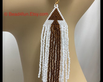 Boho White and Bronze Seed Bead Fringe Earrings - Brick Stitch Beadwork - Dangle Jewelry