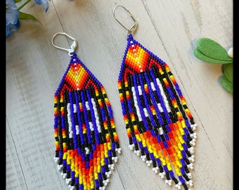 Boho Western Seed Bead Fringe Earrings - Brick Stitch Beadwork - Cowgirl Jewelry