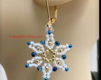 Blue and White Snowflake Geometric Seed Bead Earrings - Peyote Stitch Beadwork - Winter Dangle Jewelry