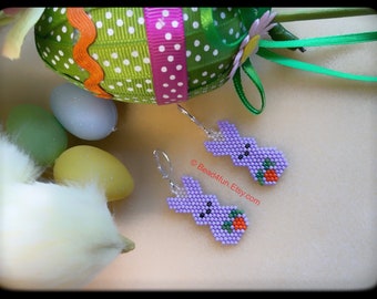 Purple Easter Bunny with Carrot Seed Bead Earrings - Brick Stitch Beadwork - Dangle Jewelry