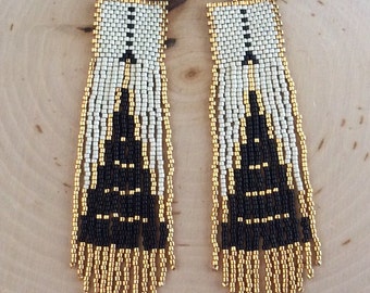 Boho Seed Bead Fringe Earrings - Art Deco Geometric Inspired - Brick Stitch Beadwork - Dangle Jewelry