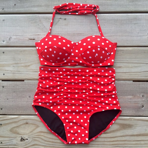 Retro Pin Up Red Polka Dots Halter Top & Tummy Control High Waist Bikini