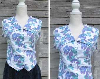 vintage Floral Waistcoat/Sleeveless Collared Button Down/Blue and White Floral Print Cotton Shirt