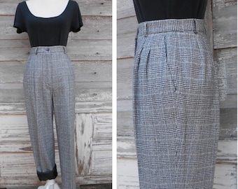 Calça vintage Pendleton xadrez preta e branca em lã, cintura 28, tamanho 10 petite.