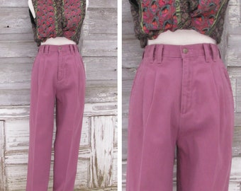 80s 90s High Waist Dusty Rose Trousers/High Rise Pleated Trousers/Cotton Pants /28 inch waist/size 7/8