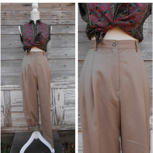 80s 90s High Waisted Wool Trousers/Khaki Tan Pleated Wool Trousers//28 waist