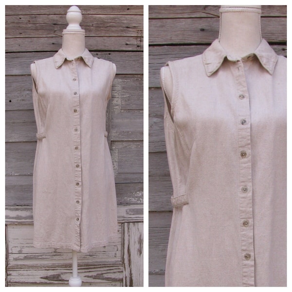 90s Linen Rayon Dress/Beige Button Front Duster Dress/Sleeveless Collared Dress/size M