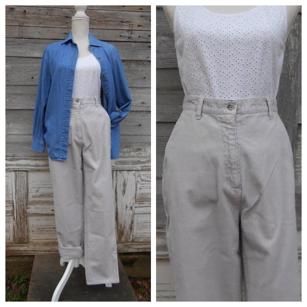 vintage Corduroy Trousers/High Waisted White Cotton Corduroy Pants/31 waist/size 10