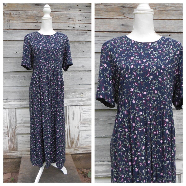 90s Dark Floral Maxi Dress/Tie Back Rayon Dress/Navy Blue Floral Print Dress/Short Sleeve Dress
