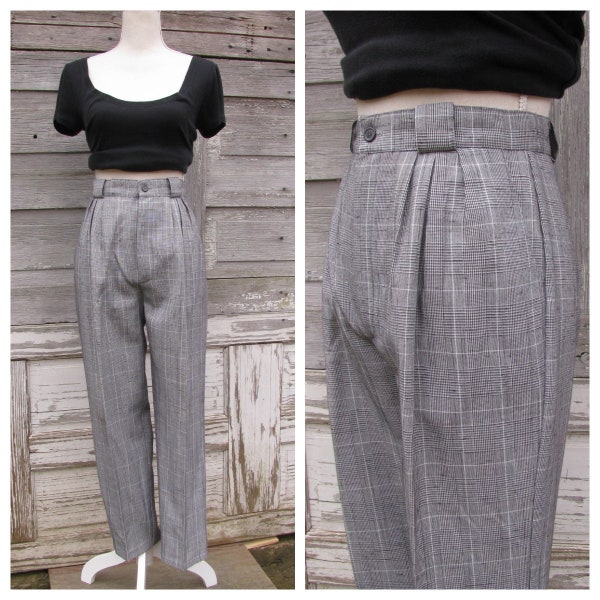 vintage 80s High Waisted Pants/Pleated Trousers/Black White Plaid Trousers/28 waist
