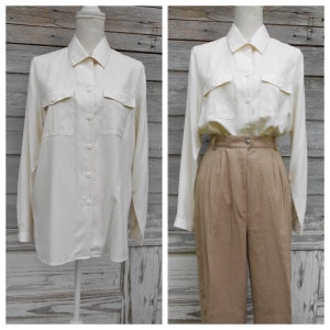 vintage Cream White 100% Silk Pocket Blouse/Minimal Silk Shirt/Button Front Long Sleeve Blouse/Collared Button Up Shirt//size M