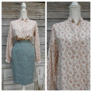 vintage Terracotta Floral Print Blouse/Long Sleeve Blouse with Banded Collar/Cotton blend Shirt