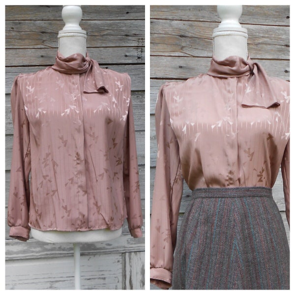 80s Secretary Blouse with Neck Tie/Bronze Brown Button Down Long Sleeve Blouse/size M