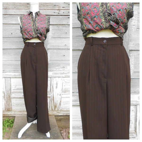 80s Brown Pinstripe Trousers/High Waisted Pants/Polyester Trousers/32 waist/size 12