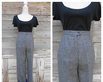 70s High Waisted Wool Trousers/High Rise Straight Leg Trousers/ Gray Checkered Plaid Pants/30 waist/size 12