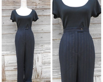 vintage Pinstripe Wool Trousers/High Waisted Pants/Minimal Gray Wool Trousers/32 waist/size 12