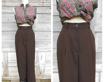 80s Brown Pinstripe Trousers/High Waisted Pants/Polyester Trousers/32 waist/size 12