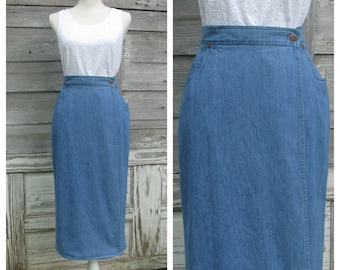 90s Denim Wrap Skirt/High Waist Midi skirt//29 waist/size 10P