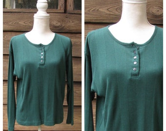 vintage Green Henley Shirt/Ribbed Knit Shirt/Long Sleeve shirt/womens size M