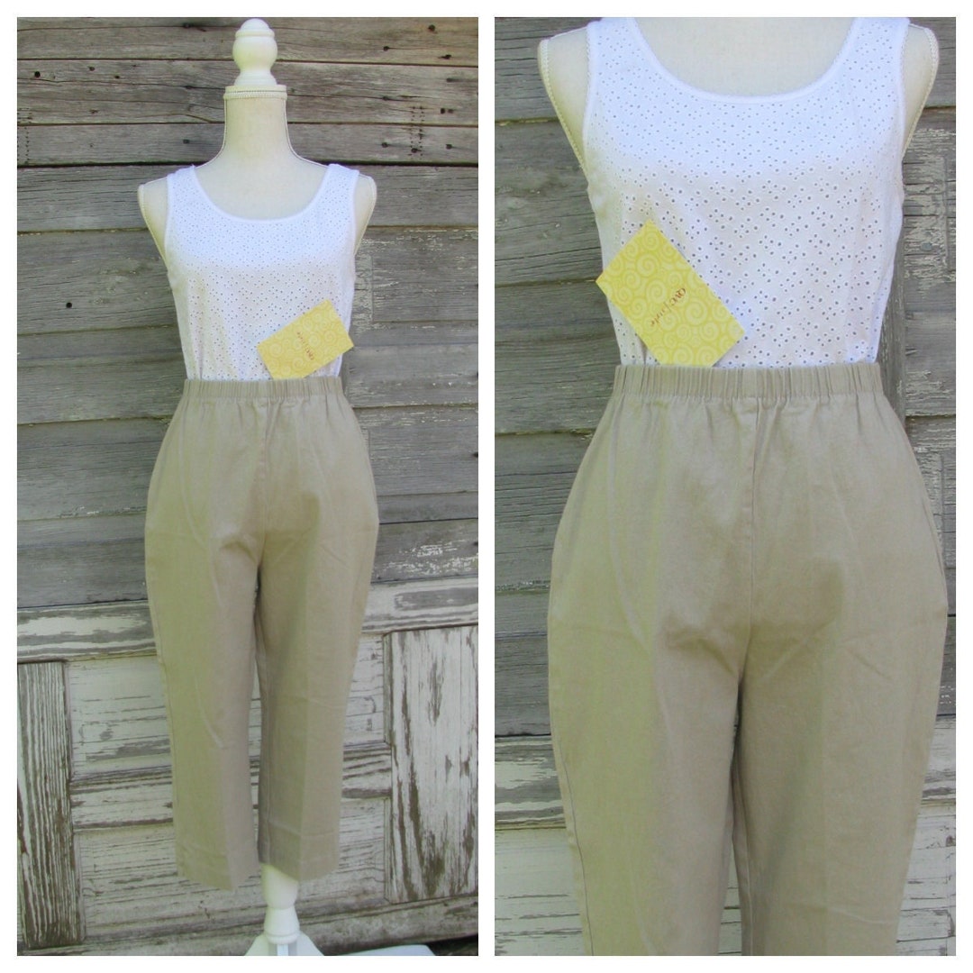 Vintage Khaki Tan High Waist Capri Pants/elastic Waist Cotton Etsy