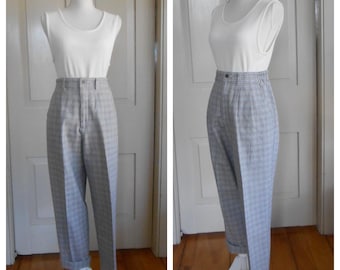 90s High Waisted Pants//Pleated Cotton Trousers/Blue Brown Plaid Trousers//29-31 waist/size 10 petite