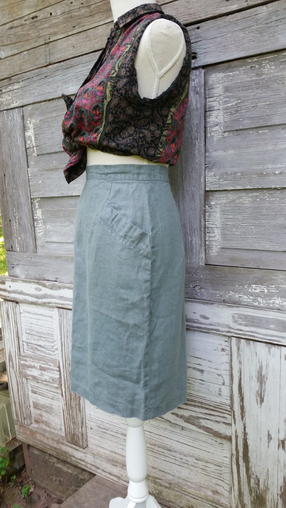80s Sage Cotton Skirt/High Waisted Knee length Sk… - image 6