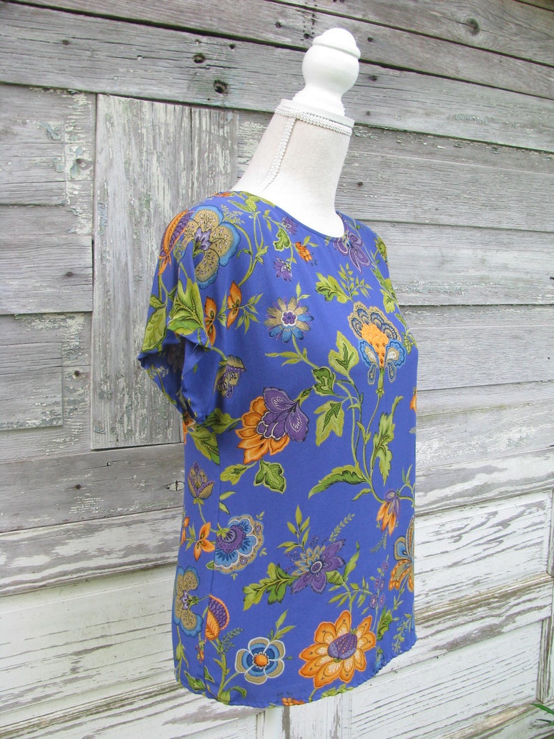 Vintage 80s Floral Print Rayon Blouse1980s Boxy Short Sleeve Blousesize Small Petite