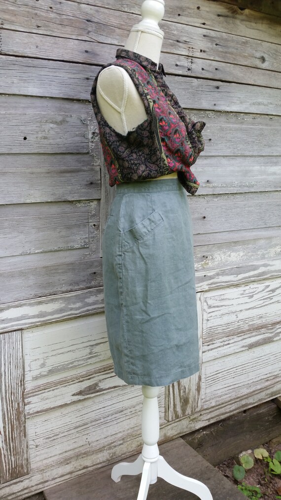 80s Sage Cotton Skirt/High Waisted Knee length Sk… - image 3