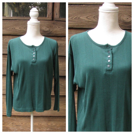 vintage Green Henley Shirt/Ribbed Knit Shirt/Long… - image 1