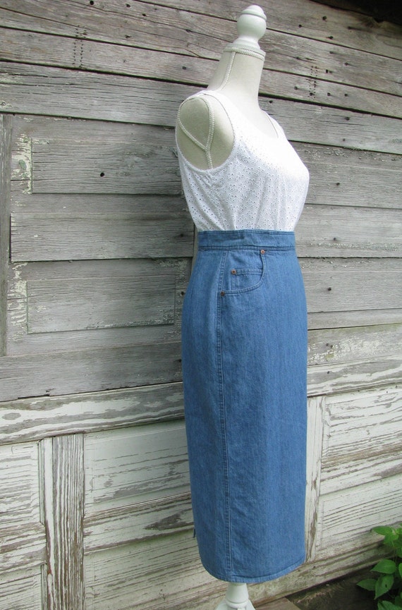 90s Denim Wrap Skirt/High Waist Midi skirt//29 wa… - image 3