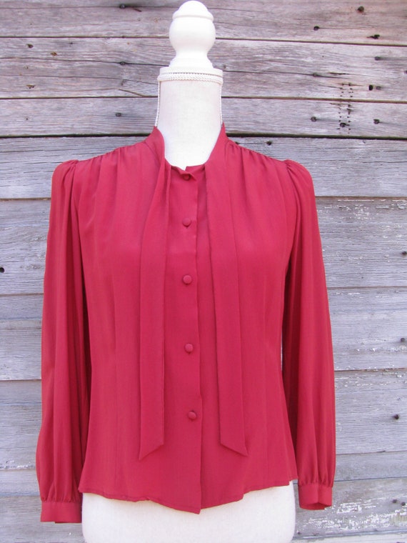 70s 80s Silk Secretary Blouse with neck tie/Rust … - image 4