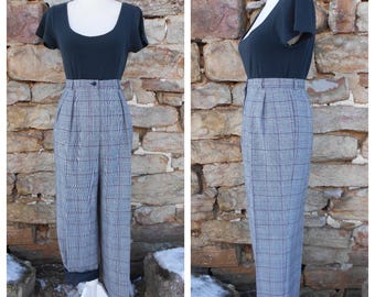 vintage 90s Black White Plaid Wool Trousers/High Waisted Pants/30 waist