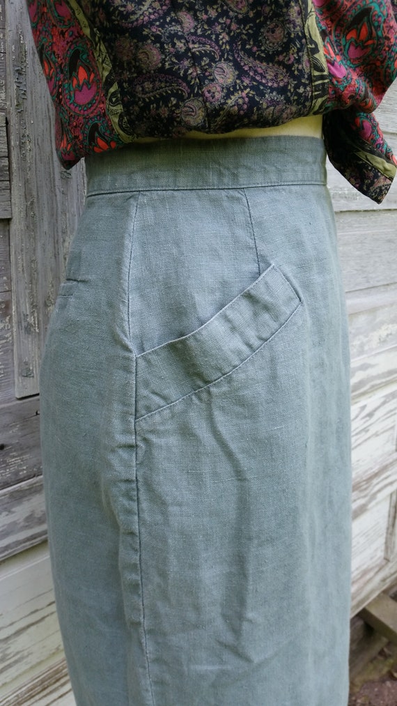80s Sage Cotton Skirt/High Waisted Knee length Sk… - image 4