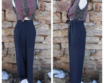 Vintage 90s Black Wide Slacks M, 90s Minimal Straight Leg Trousers