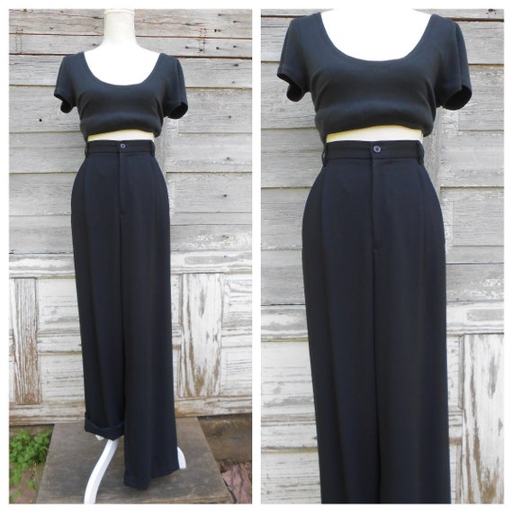 90s Black Rayon Polyester Trousers/High Waisted P… - image 1