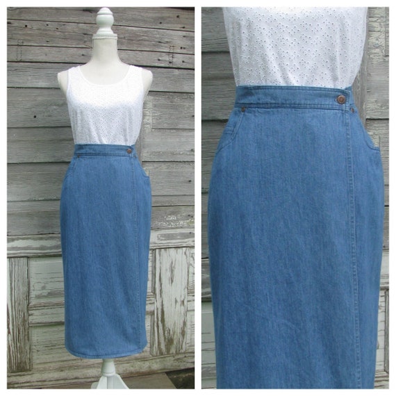 90s Denim Wrap Skirt/High Waist Midi skirt//29 wa… - image 1