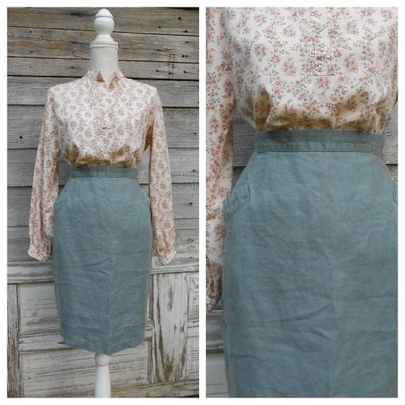 80s Sage Cotton Skirt/High Waisted Knee length Sk… - image 1