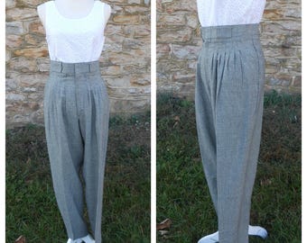 80s 90s High Waisted Pants/Pleated Black White Plaid Trousers/29 waist