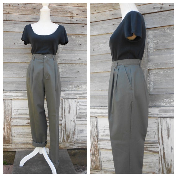 80s 90s Olive Khaki Chinos/High Waisted Pants/Min… - image 1