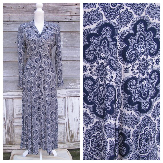 Vintage 90s Ann Tjian Print Dress/1990s Navy Blue