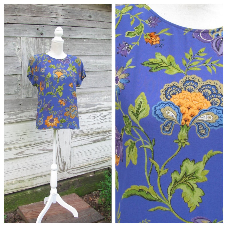 Vintage 80s Floral Print Rayon Blouse1980s Boxy Short Sleeve Blousesize Small Petite