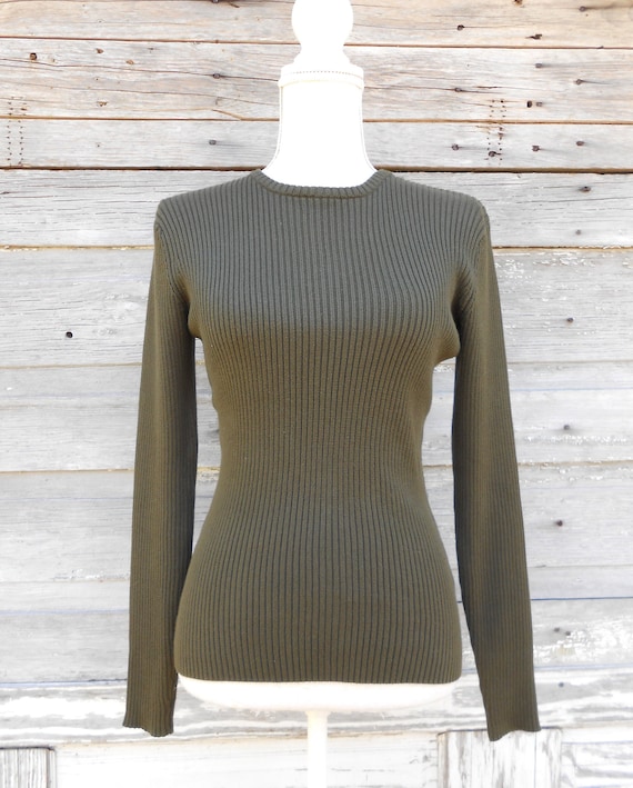 vintage Cotton blend Ribbed Top/Green Long Sleeve… - image 3