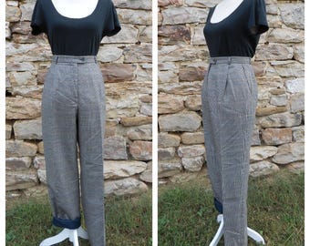 80s 90s Plaid Wool Trousers/High Waisted Black Tan Pants/30 waist/size 10