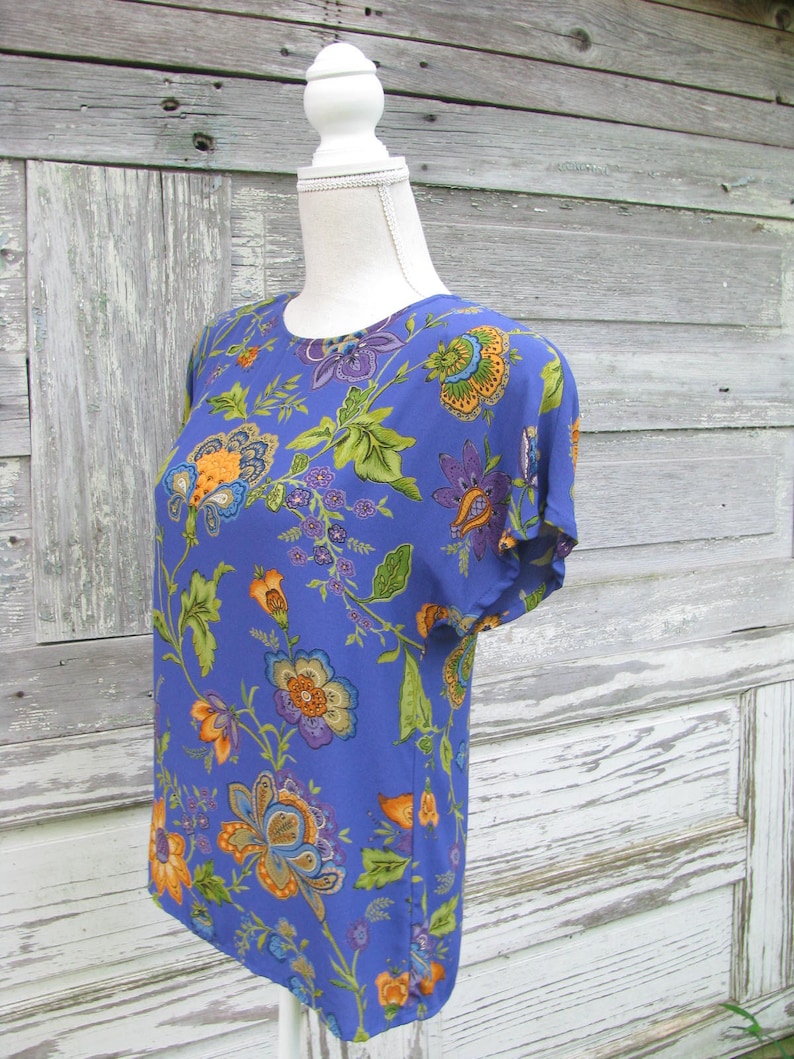 Vintage 80s Floral Print Rayon Blouse1980s Boxy Short Sleeve Blousesize Small Petite