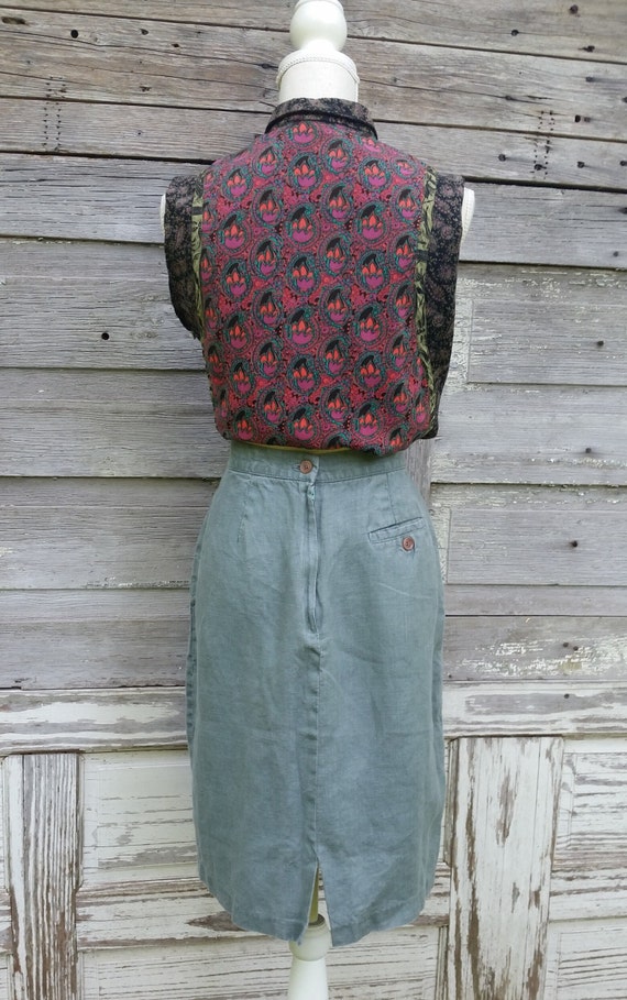 80s Sage Cotton Skirt/High Waisted Knee length Sk… - image 5