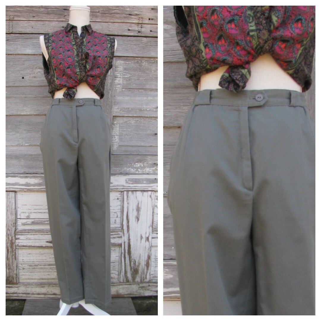 80s High Waisted Pants/green Polyester Cotton Trousers/27 28 Waist Etsy