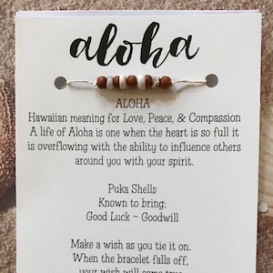 ALOHA Wensarmbandkaart • PUKA Schelpen • Doe een wens • Veel geluk • Goodwill • Wensen komen uit • Wensarmband • Edelsteenkracht